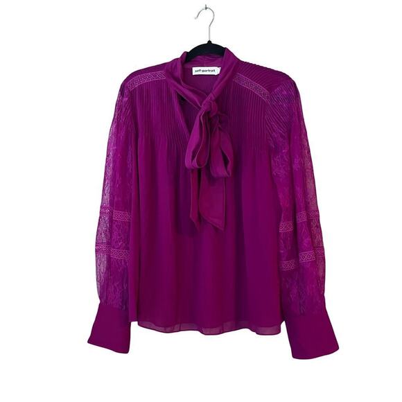 Self-Portrait Tops - Self Portrait Chiffon Lace Blouse Long Sleeve Pussybow Purple Pink Sheer